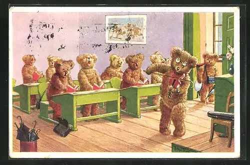 Künstler-AK Arthur Thiele: bären in der Schule beim Musizieren