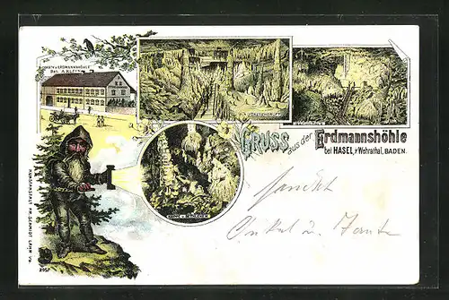 Lithographie Hasel i. Wehrathal, in der Erdmannshöhle, die Fürstengruft, die Bachmühle, Gasthaus