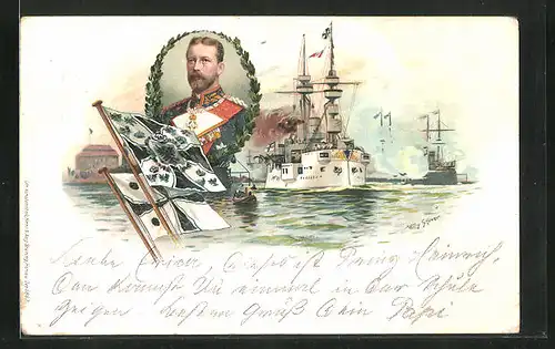 Künstler-Lithographie Willy Stoewer: Prinz Heinrich von Preussen, Flaggen, Kriegsschiffe unterwegs