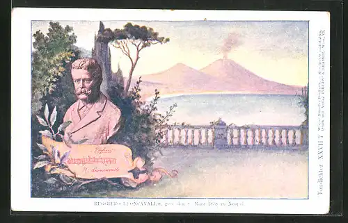 Künstler-AK Philipp + Kramer Nr. XXVII /7: Portrait Ruggiero Leoncavallo, Blick zum Vesuv nahe Neapel