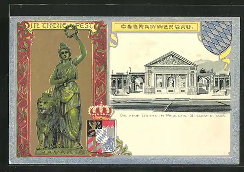 Passepartout-Lithographie Oberammergau, die neue Bühne im Passions-Schauspielhaus, Wappen