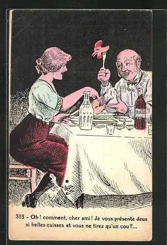 Künstler-AK Scherz, Mann scherzt beim Essen mit seiner Frau