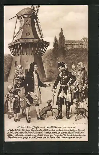 Künstler-AK Friedrich Kaskeline: König Friedrich II. (der Grosse) mit dem Müller von Sanssouci an der Windmühle