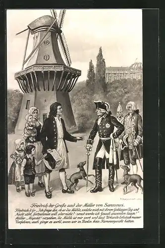 Künstler-AK Friedrich Kaskeline: König Friedrich II. (der Grosse), an der Mühle mit dem Müller von Sanssouci