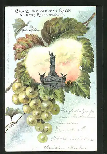 Passepartout-Lithographie Schöner Rhein, Weinreben, das Niederwalddenkmal