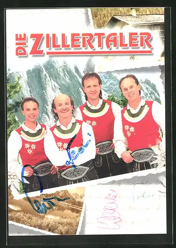 Künstler-AK sign.: Die Zillertaler, in Trachtenkleidern abgelichtet, Autogrammkarte