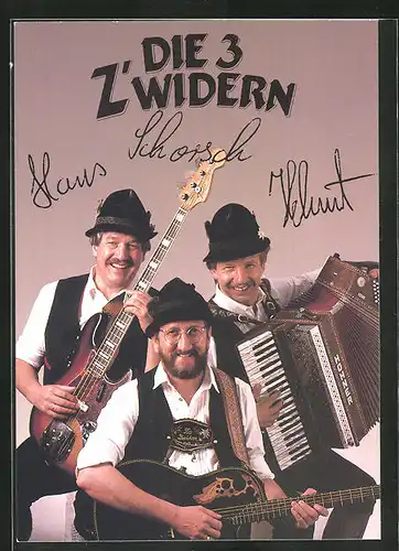 Künstler-AK sign.: Die 3 Z`widern, in Trachten mit Instrumenten gesehen, Autogrammkarte