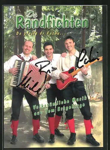 Künstler-AK sign.: De Randfichten, in erzgebirger Trachten mit Instrumenten, Autogrammkarte