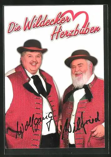 Künstler-AK sign.: Wildecker Herzbuben, in Trachten mit Hut abgelichtet, Autogrammkarte