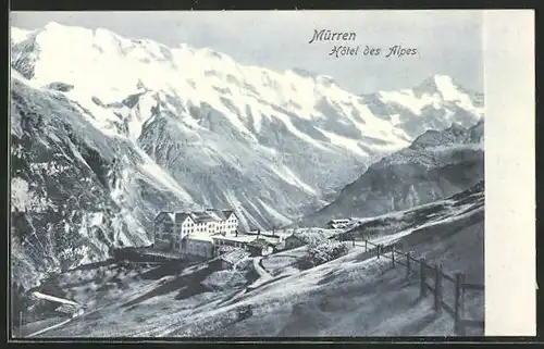 AK Mürren, Hotel des Alpes, Blick gegen die Alpen