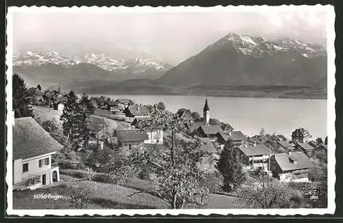 AK Hilterfingen, Gesamtansicht, Blick auf die Alpengipfel