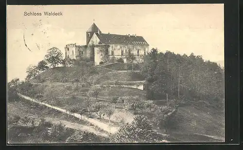 AK Waldeck, Blick hoch zum Schloss Waldeck, Hotel, Restaurant und Pension