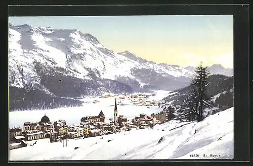 AK St. Moritz, Blick vom Hang auf die eingeschneite Ortschaft