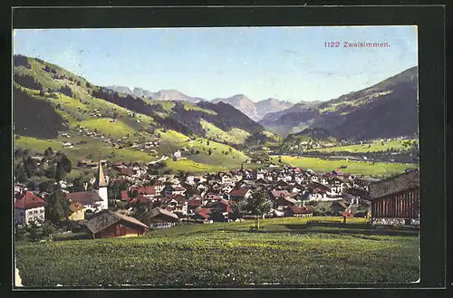 AK Zweisimmen, Generalansicht vom Feld mit Blick gegen die Alpen