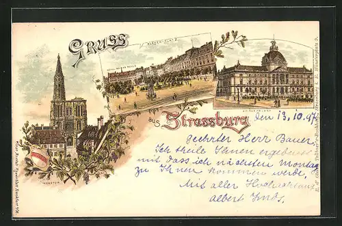 Lithographie Strassburg i.E., Kaiserpalast, Münster und Kleber-Platz