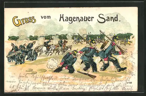 Lithographie Hagenau, Truppenübungsplatz, Soldaten bei der Gefechtsübung im Sand