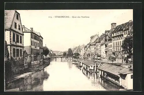 AK Strasbourg, Quai des Bateliers, Häuser am Quai