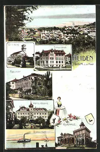 AK Heiden, Generalansicht, Ev. Kirche, Schulhaus, Freihof, Hotel Krone