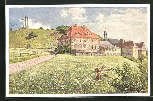 Künstler-AK Kreuzberg / Rhön, Ortspartie mit Kirchturm