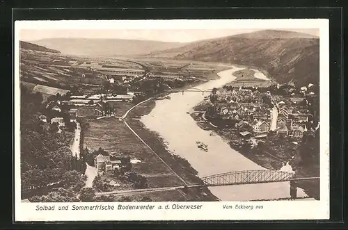 AK Bodenwerder a. d. Oberweser, Totalansicht mit Flusspartie vom Eckberg aus gesehen