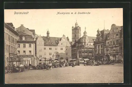 AK Darmstadt, Marktplatz mit Stadtkirche