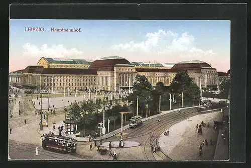 AK Leipzig, Strassenbahn und Hauptbahnhof aus der Vogelschau