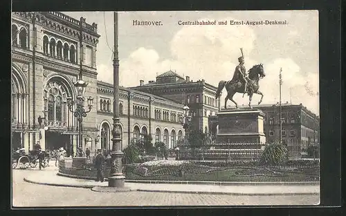 AK Hannover, Centralbahnhof mit Ernst-August-Denkmal