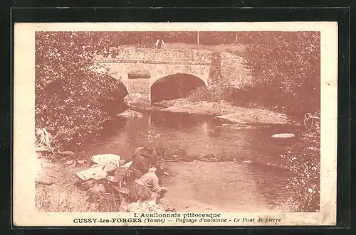 AK Cussy-les-Forges, Paysage d`Automne, le Pont de Pierre, Waschfrauen