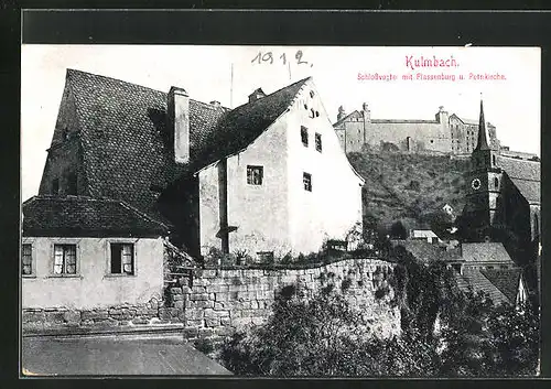 AK Kulmbach, Schlossvogel mit Plassenburg und Petrikirche