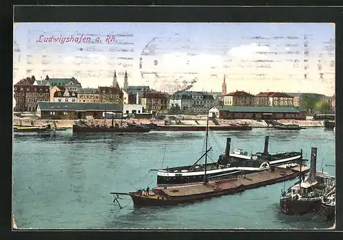AK Ludwigshafen a. Rh., Panorama mit Dampfer
