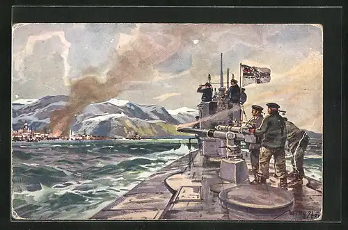 Künstler-AK Willy Stoewer: Deutsches U-Boot im Eismeer-Beschiessung von Alexandrowsk