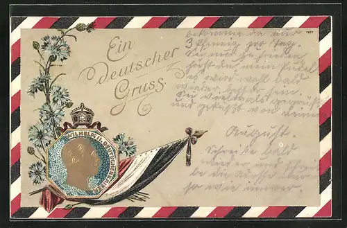 Künstler-AK Bruno Bürger & Ottillie Nr.7017: Porträt Kaiser Wilhelm II. mit Fahne und Krone