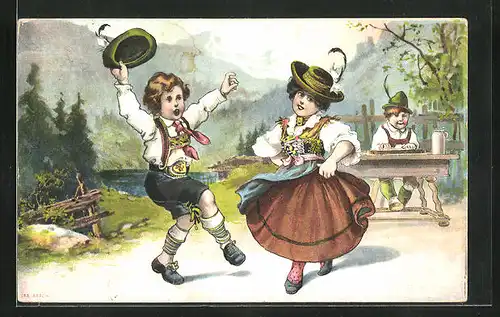 AK Junge spielt Zitter zum Volkstanz eines Paares