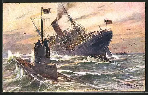 Künstler-AK Willy Stoewer: Vernichtung eines engl. Handelsdampfers durch ein dt. U-Boot