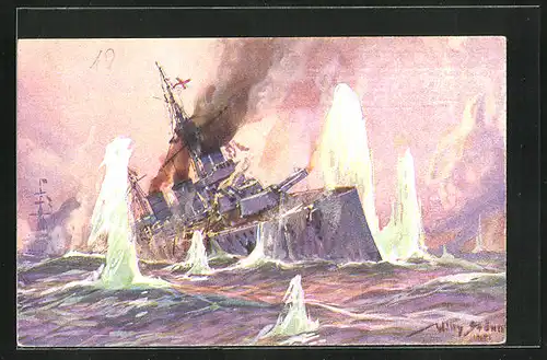 Künstler-AK Willy Stoewer: Seegefecht in der Nordsee am 24. Jan. 1915 - Engl. Kreuzer im Salvenfeuer dt. Kriegsschiffe