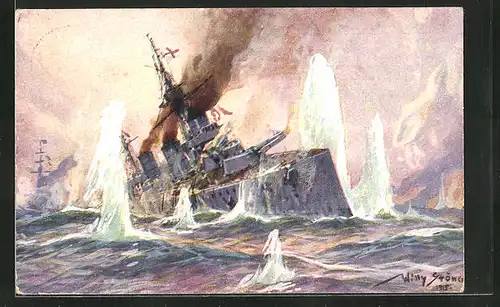 Künstler-AK Willy Stoewer: Seegefecht in der Nordsee am 24. Jan. 1915 - Engl. Kreuzer im Salvenfeuer dt. Kriegsschiffe