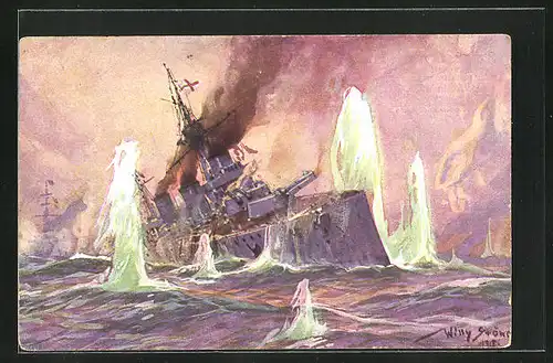 Künstler-AK Willy Stoewer: Seegefecht in der Nordsee am 24. Jan. 1915 - Engl. Kreuzer im Salvenfeuer dt. Kriegsschiffe
