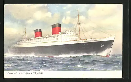 AK Passagierschiff R.M.S. Queen Elizabeth bei voller Fahrt