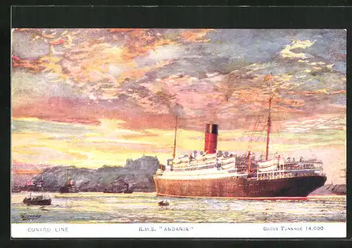 Künstler-AK Passagierschiff R.M.S. Andania bei der Hafenausfahrt