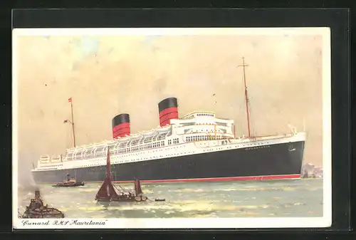 AK Passagierschiff R.M.S. Mauretania bei der Hafenausfahrt