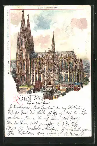 Lithographie Köln am Rhein, Seitenansicht vom Dom