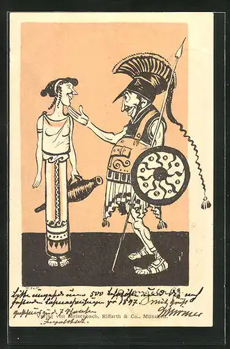 Künstler-AK München, römischer Soldat und Frau mit Wasserkrug, Jugendstil