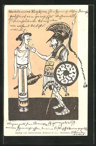 Künstler-AK München, römischer Soldat und Frau mit Wasserkrug, Jugendstil