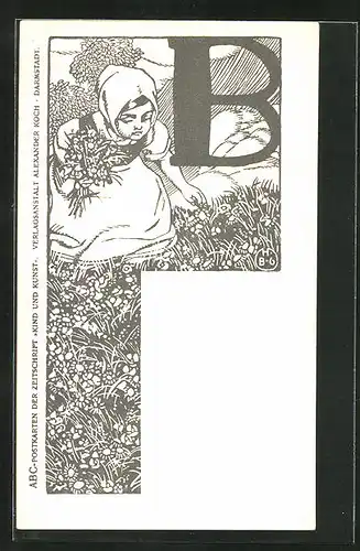 Künstler-AK sign.Hermann Bek-Gran: Mädchen beim Blumenpflücken, Jugendstil