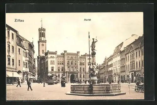 AK Zittau, Marktplatz mit Brunnen