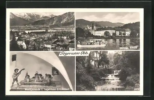 AK Tegernsee / Obb., Panorama, Schloss und Wandgemälde i. Bräustüberl