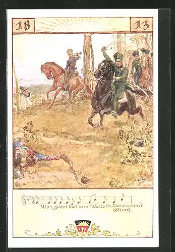 AK Deutscher Schulverein Nr. 501: Soldaten auf dem Schlachtfeld mit ihrem Pferd