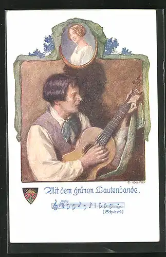 AK Deutscher Schulverein Nr. 696: Mann spielt auf der Gitarre, Mit dem grünen Lautenbande