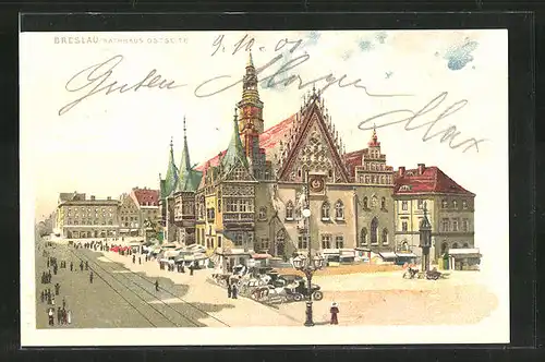 Lithographie Breslau, Markt mit Rathaus
