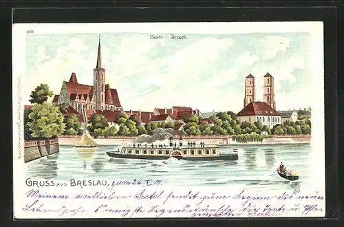 Lithographie Breslau, Blick zur Dom-Insel